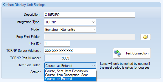 Jonas Encore KDS item sort order options