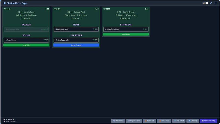 MyODS KDS Screen - Station ID 1 Expo showing active ticket cards