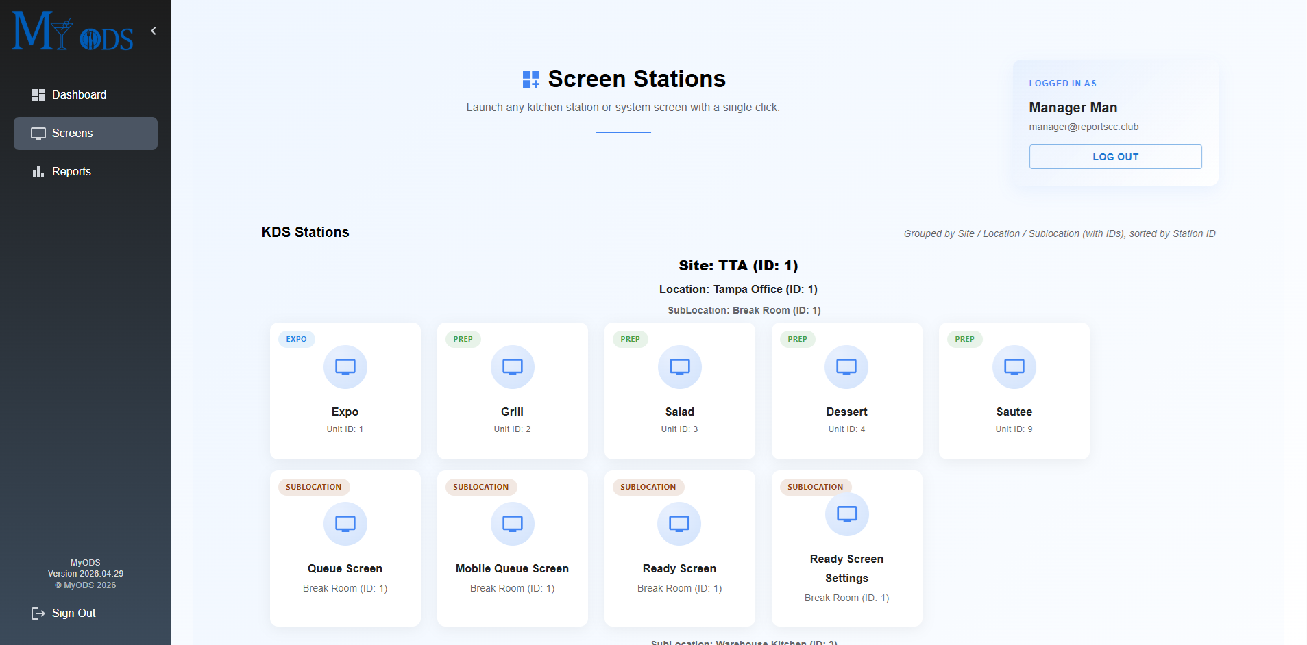 MyODS screens tab showing live kitchen screen visibility for managers